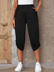 Black culottes with button details at the hem and pockets.