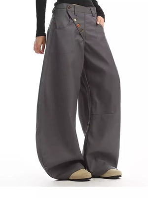 Gray relaxed fit button-fly wide-leg chinos with decorative buttons