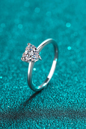 Silver ring with heart-cut moissanite solitaire stone