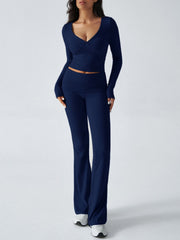 Dark Blue cross-front flare lounge set with long sleeves and high-waisted pants.