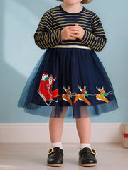 Navy tulle dress with Santa and reindeer embroidery, striped long sleeves, festive holiday dress