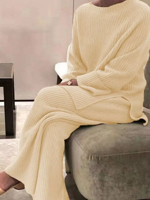 Apricot ribbed knit sweater and wide leg pants set.