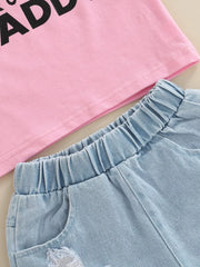 Pink lettered tee and distressed light wash denim shorts set for baby.