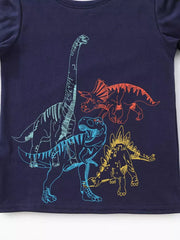 Navy cotton crew neck t-shirt with embroidered dinosaur graphic in blue, red, and yellow.