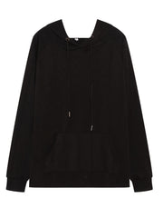 Black textured knit raglan hoodie with drawstring hood and front pocket.