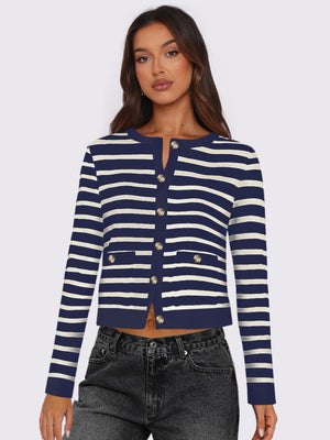 Navy and white striped cropped cardigan with gold button details and pockets.