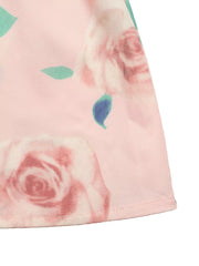 Structured shoulder top with pleated midi skirt set in pink with rose print