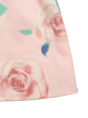 Structured shoulder top with pleated midi skirt set in pink with rose print