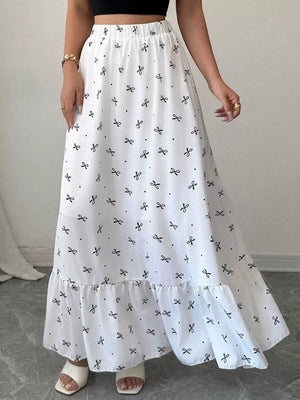 White maxi skirt with black bowknot print and ruffled hem