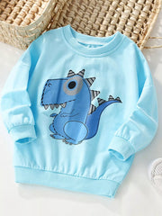 Baby blue crew neck sweatshirt with a cute blue dinosaur graphic.
