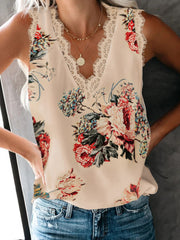 Floral print camisole with lace trim neckline and sleeveless cut
