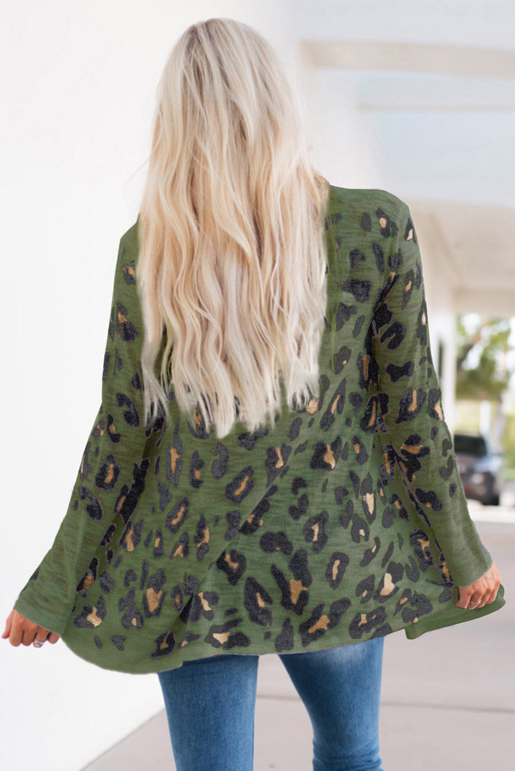 Army green leopard print open-front knit cardigan with flared sleeves.