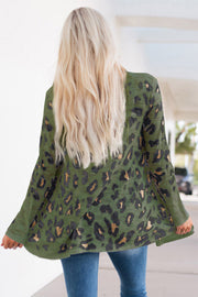 Army green leopard print open-front knit cardigan with flared sleeves.