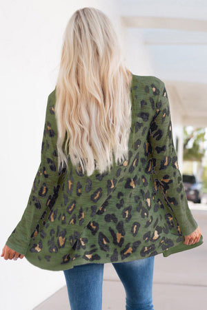 Army green leopard print open-front knit cardigan with flared sleeves.