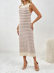 Striped ribbed sleeveless midi dress in cream with maroon stripes, crew neck, and a casual fit.