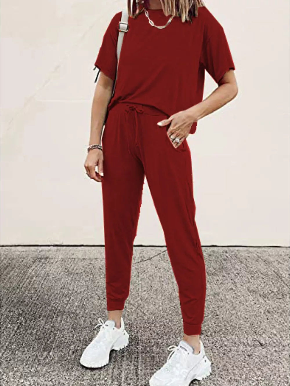 Burgundy casual round neck top and jogger pants set with drawstring waist.