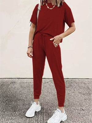 Burgundy casual round neck top and jogger pants set with drawstring waist.