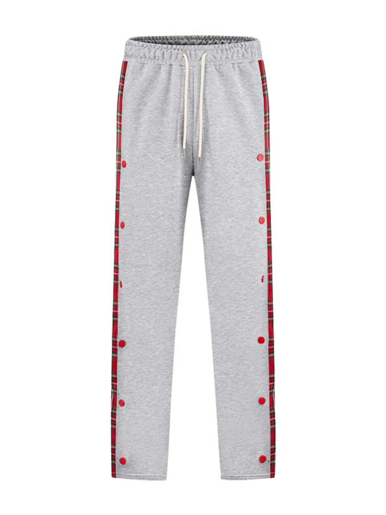 Light gray sweatpants with plaid snap-button trim and drawstring waist.