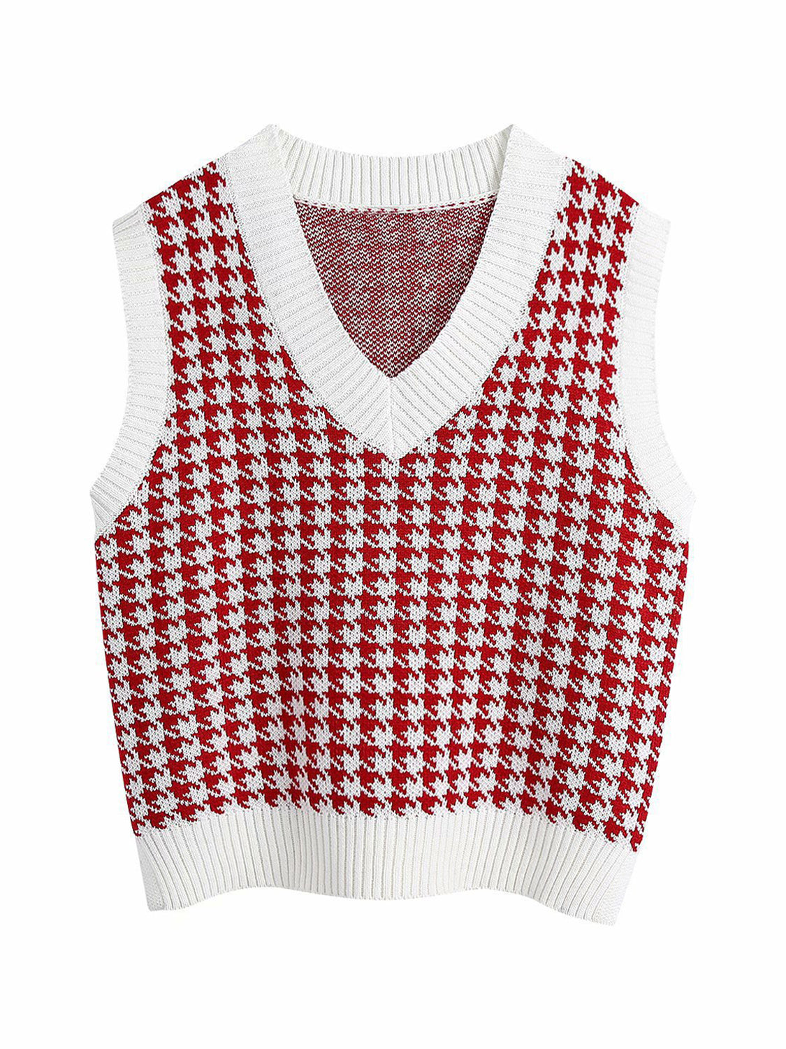 Houndstooth knit V-neck tank top in Deep Red and White with white trim.