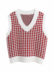 Houndstooth knit V-neck tank top in Deep Red and White with white trim.