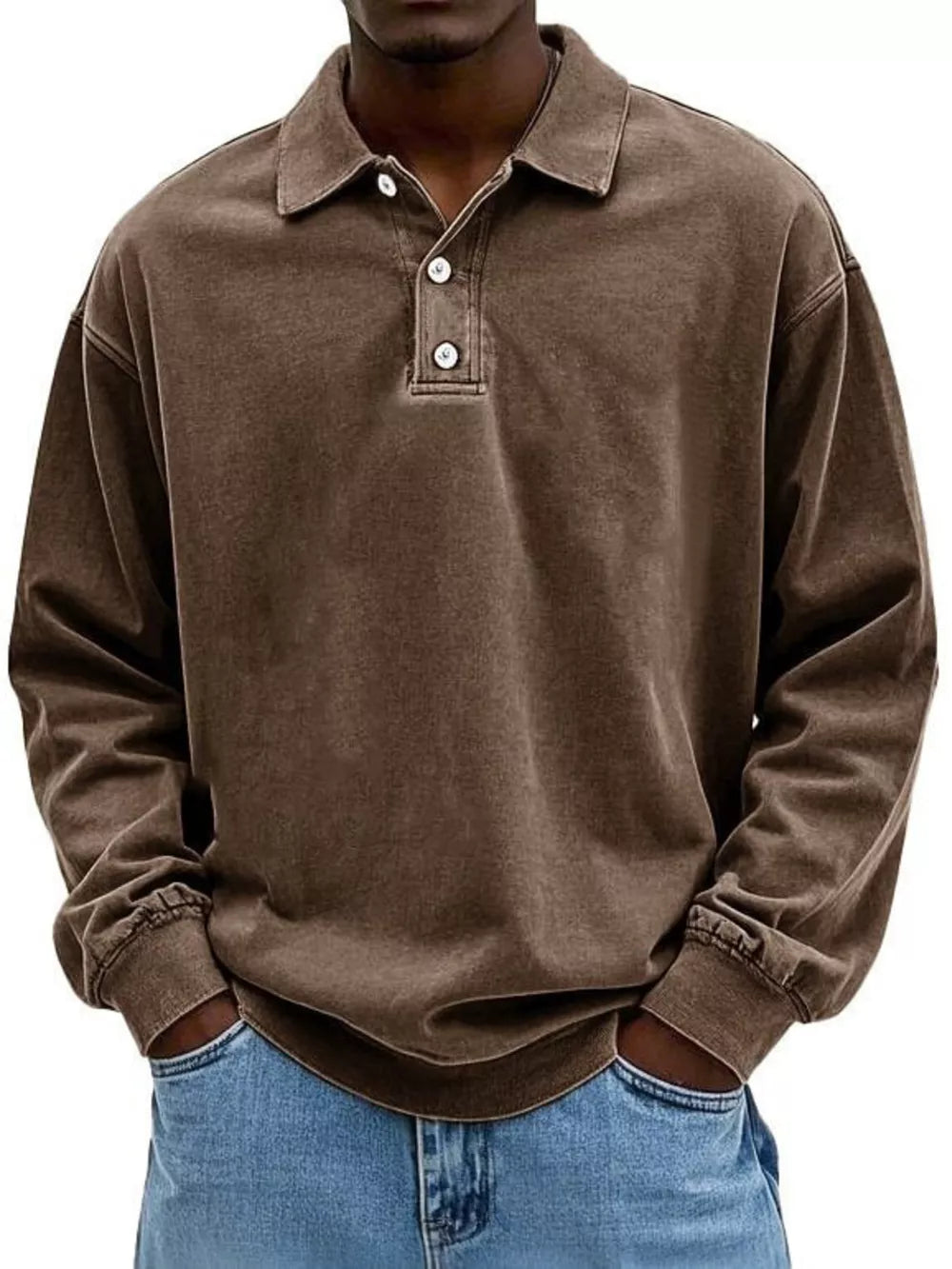 Men's vintage washed long sleeve polo shirt in dark brown cotton with button placket.