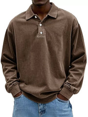 Men's vintage washed long sleeve polo shirt in dark brown cotton with button placket.
