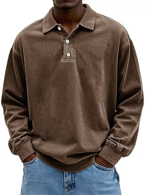Men's vintage washed long sleeve polo shirt in dark brown cotton with button placket.