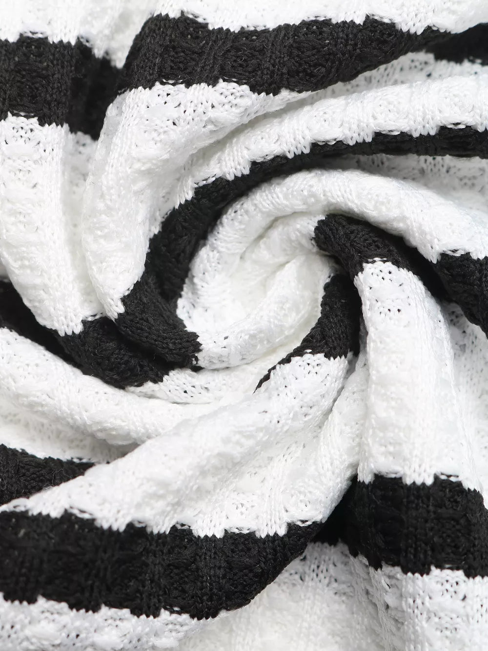 Black and white striped knit midi dress fabric detail