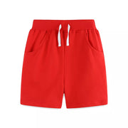 Red toddler shorts with elastic waist, drawstring, and pockets.