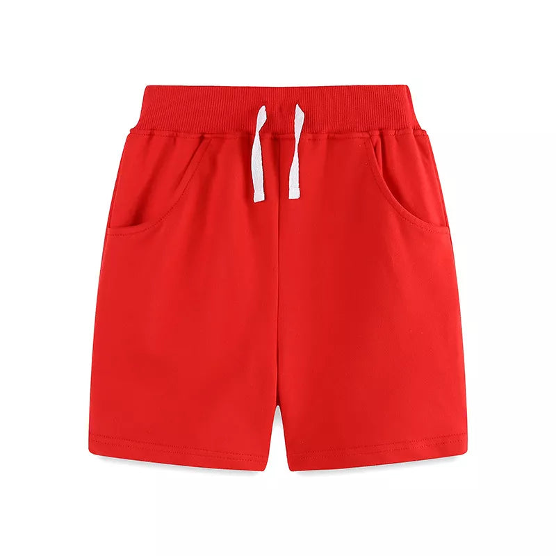 Red toddler shorts with elastic waist, drawstring, and pockets.