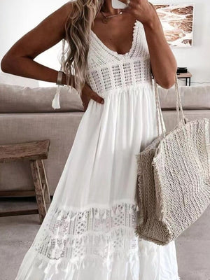White crochet cami dress with lace and tassel trim detailing.