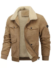 Men's camel corduroy sherpa bomber jacket with zip and button pockets.