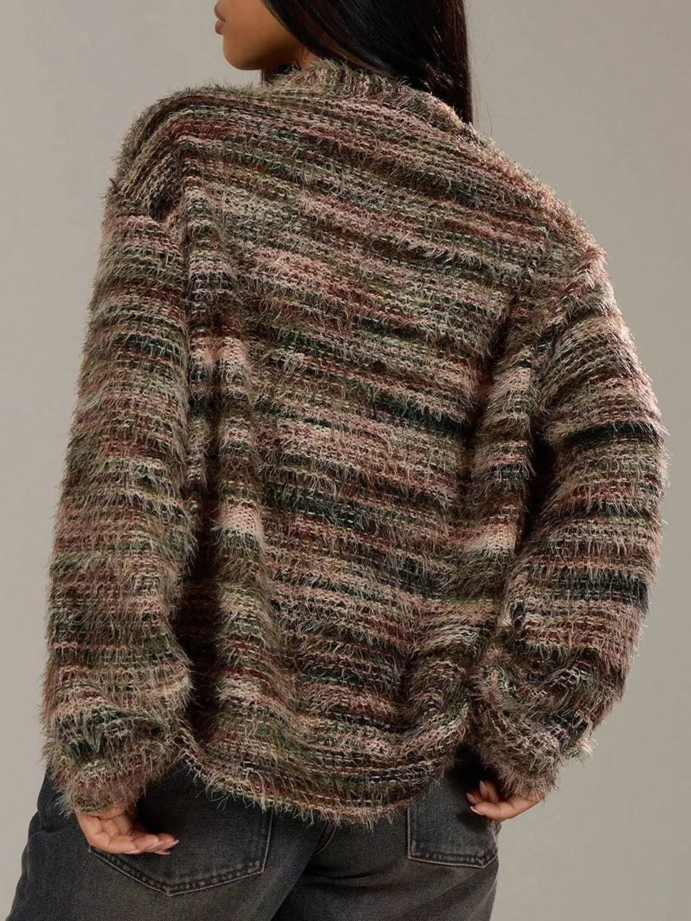 Cozy textured knit cardigan with fuzzy stripes in brown, pink, and green, featuring a button-down front.