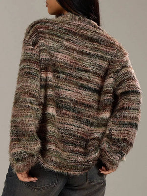 Cozy textured knit cardigan with fuzzy stripes in brown, pink, and green, featuring a button-down front.