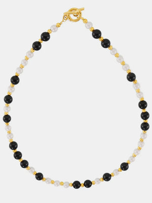 Gold toggle necklace with black onyx and white pearl beads