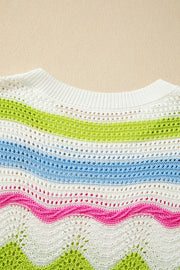Scalloped crochet tee with stripe pattern in white, lime green, blue, and pink.