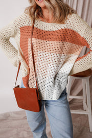 Ombre crochet panel sweater in beige with open knit detail and long sleeves.
