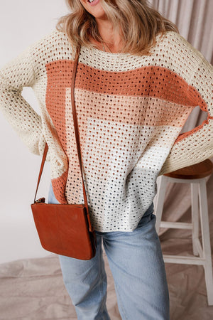 Ombre crochet panel sweater in beige with open knit detail and long sleeves.