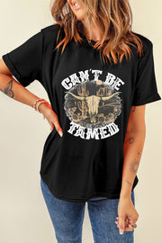 Black cotton blend graphic tee with "Can't Be Tamed" text and bull skull desert graphic