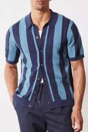 Men's navy short sleeve button-up shirt with bold blue stripes.
