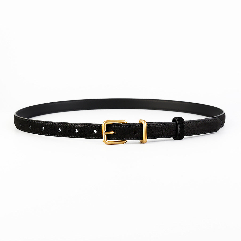 Black cowhide leather belt with gold buckle and adjustable holes.