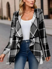 Asymmetric plaid drape front jacket in black and white, open front, waterfall lapel.