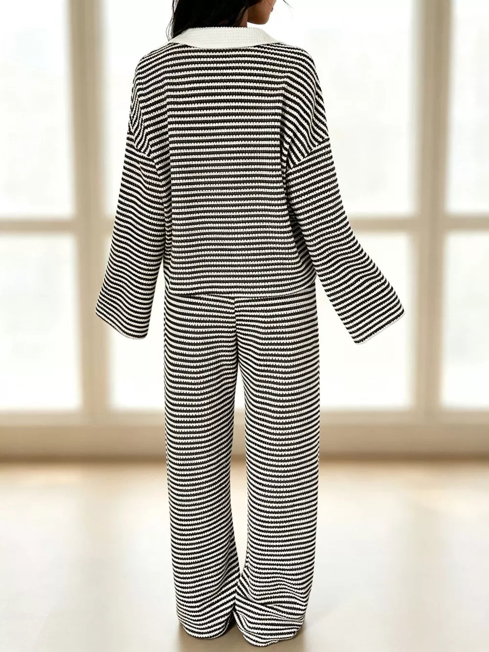 Striped Long Sleeve Polo And Wide-leg Pants Set in Green, product detail