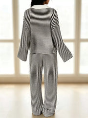 Striped Long Sleeve Polo And Wide-leg Pants Set in Green, product detail