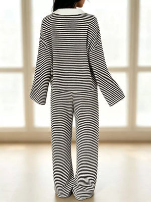 Striped Long Sleeve Polo And Wide-leg Pants Set in Green, product detail