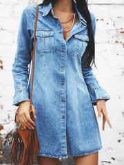 Denim button-front dress with chest pockets and flared cuffs.