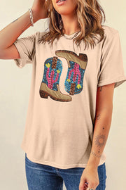 Eggshell cotton graphic tee with sequin desert boots and cactus print.