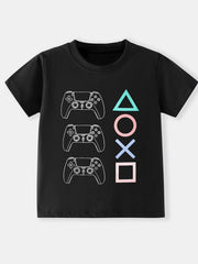 Black toddler t-shirt with gaming controller graphic and colorful PlayStation symbols.