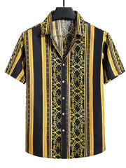 Men's yellow and black striped button-up shirt with ornate pattern