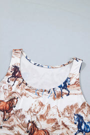 Western-inspired tank top with horse print on polyester fabric, featuring a scoop neckline.